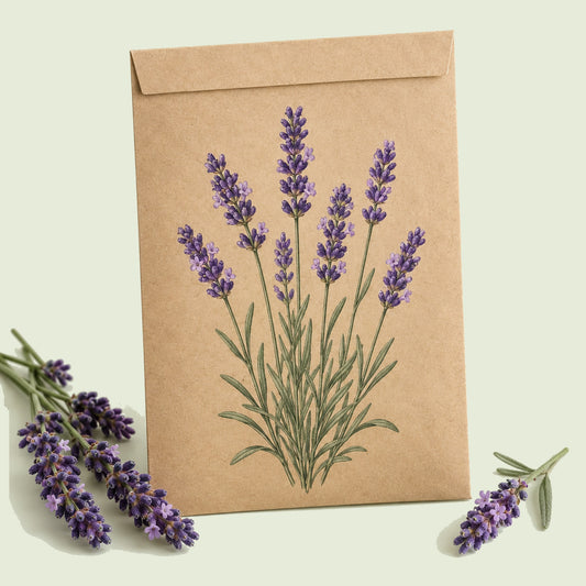 Kraft seed packet illustrated with English Tall/Vera Lavender, with fresh English Tall/Vera Lavender beside it