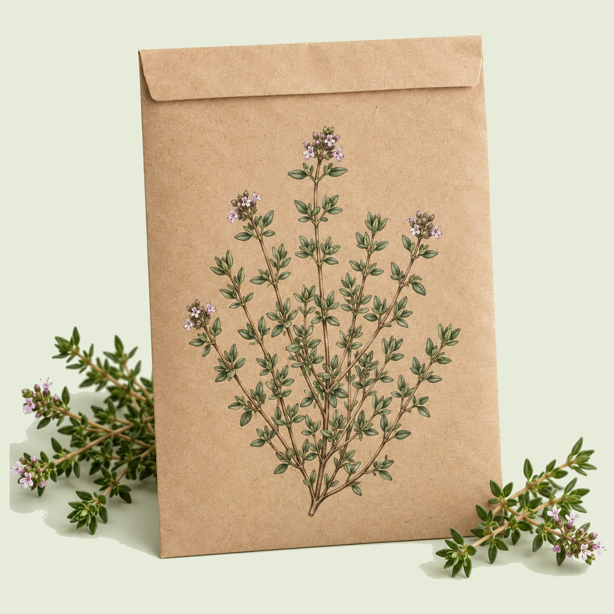 Kraft seed packet illustrated with English Thyme, with fresh English Thyme beside it