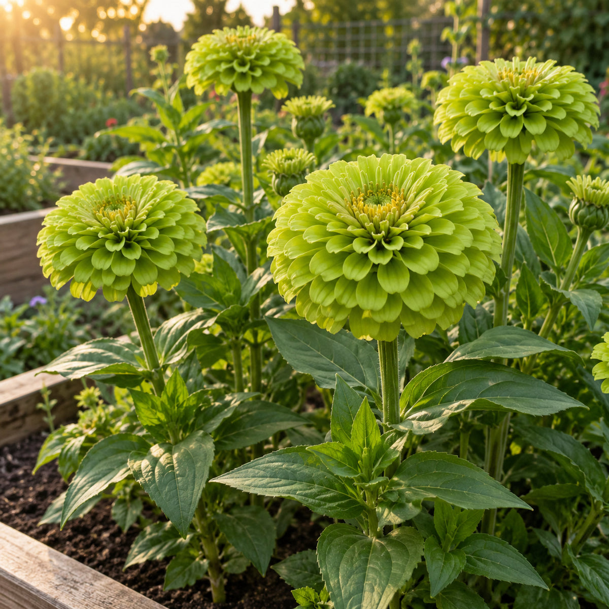 Envy Zinnia Seeds growing in a home garden