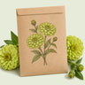 Kraft seed packet illustrated with Envy Zinnia, with fresh Envy Zinnia beside it