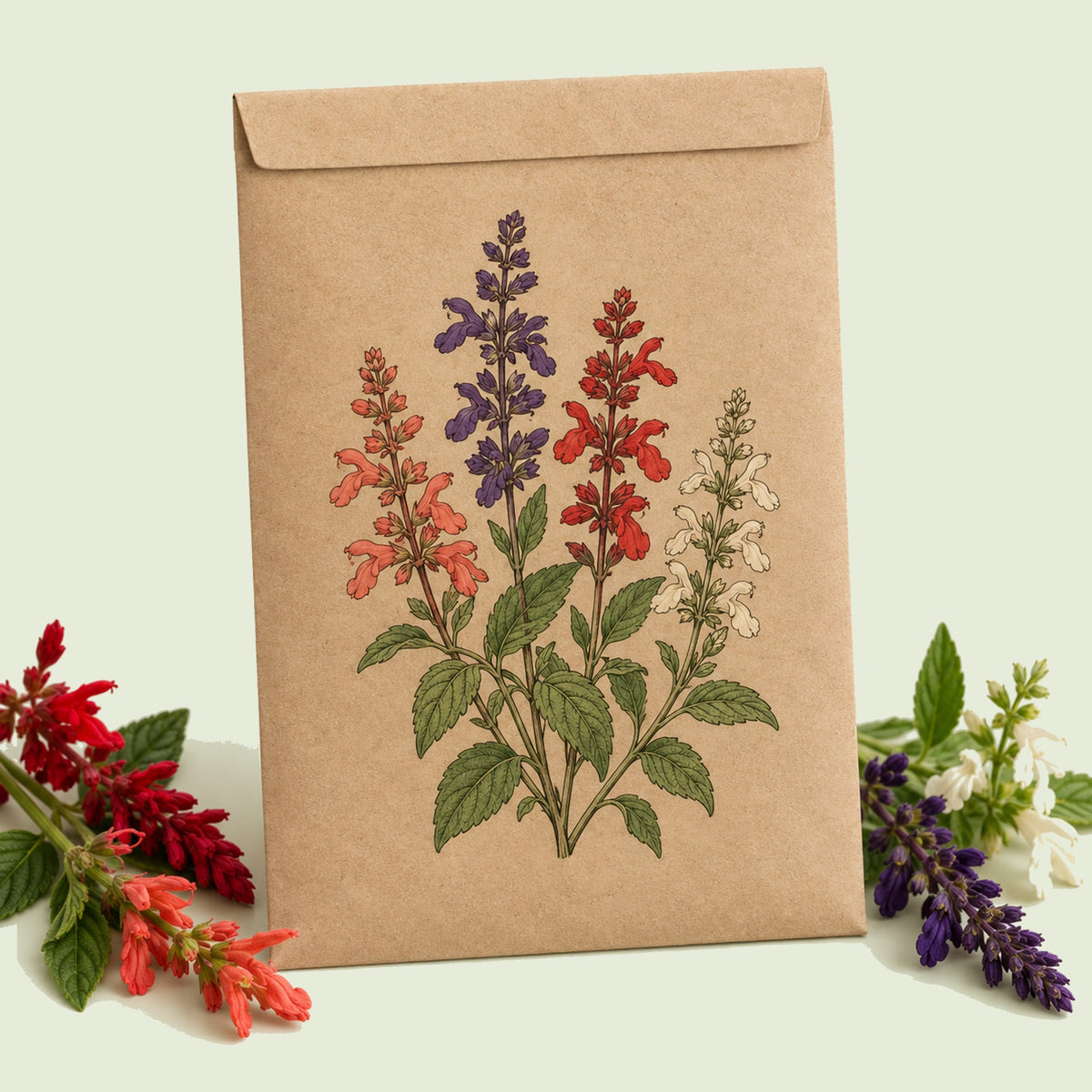 Kraft seed packet illustrated with Estella Blend Salvia, with fresh Estella Blend Salvia beside it
