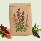 Kraft seed packet illustrated with Estella Blend Salvia, with fresh Estella Blend Salvia beside it