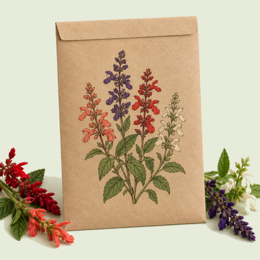 Kraft seed packet illustrated with Estella Blend Salvia, with fresh Estella Blend Salvia beside it