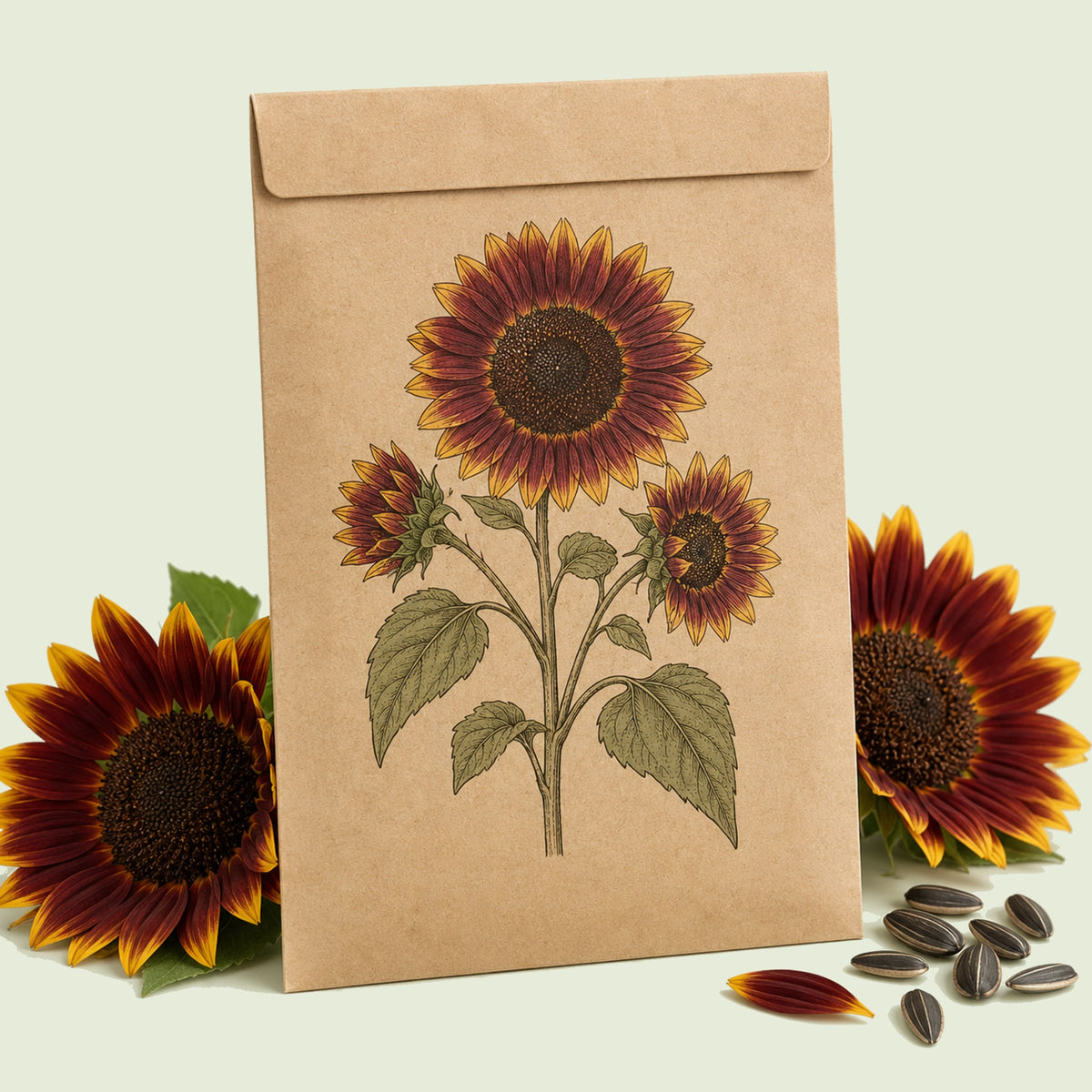 Kraft seed packet illustrated with Evening Sun Sunflower, with fresh Evening Sun Sunflower beside it