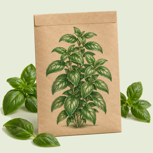 Kraft seed packet illustrated with Everleaf Emerald Towers Basil, with fresh Everleaf Emerald Towers Basil beside it