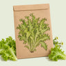 Kraft seed packet illustrated with Ezrilla Leaf Lettuce, with fresh Ezrilla Leaf Lettuce beside it