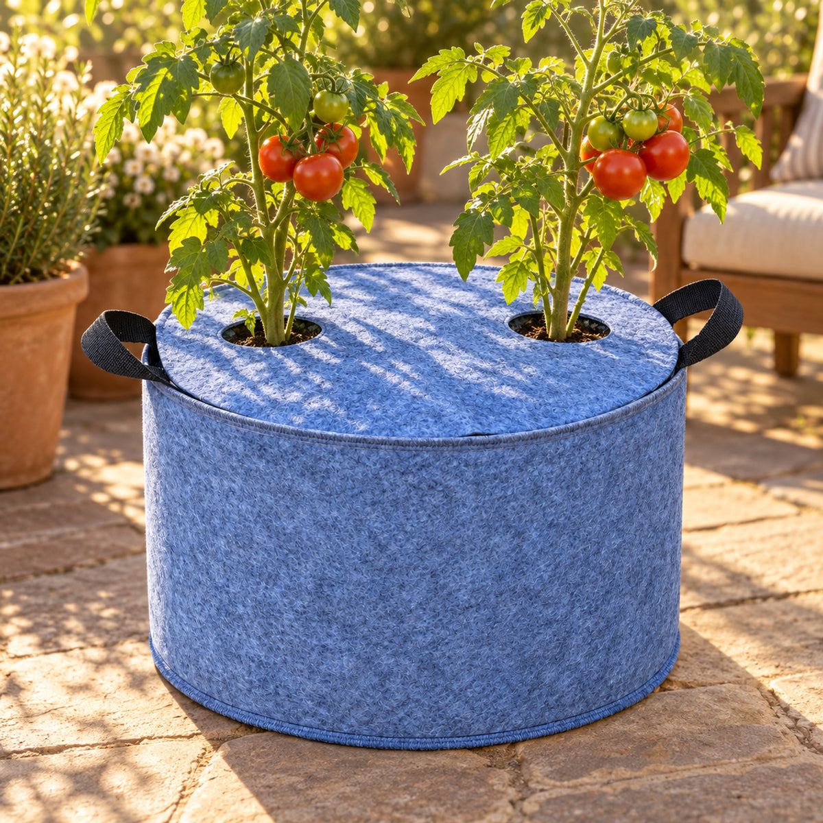 Fabric Grow Bag Covers in use in a home garden