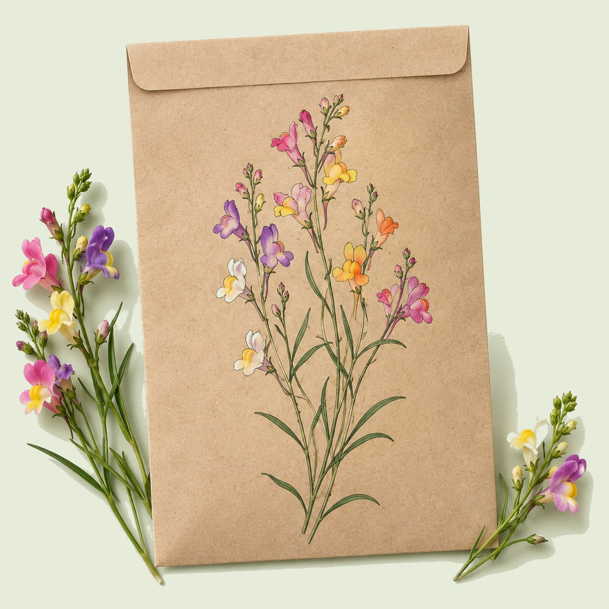 Kraft seed packet illustrated with Fairy Bouquet Linaria, with fresh Fairy Bouquet Linaria beside it