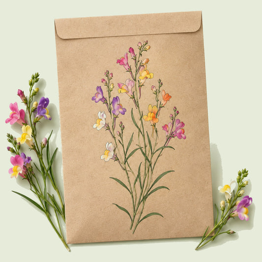 Kraft seed packet illustrated with Fairy Bouquet Linaria, with fresh Fairy Bouquet Linaria beside it