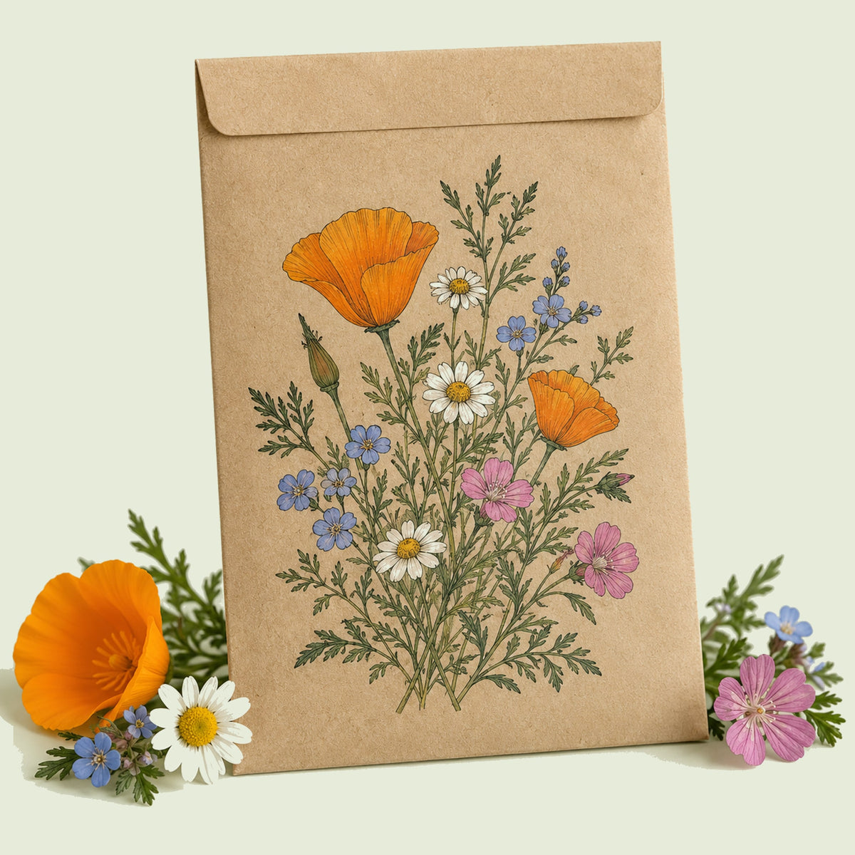 Kraft seed packet illustrated with Fairy Meadow Wildflower Mix, with fresh Fairy Meadow Wildflower Mix beside it