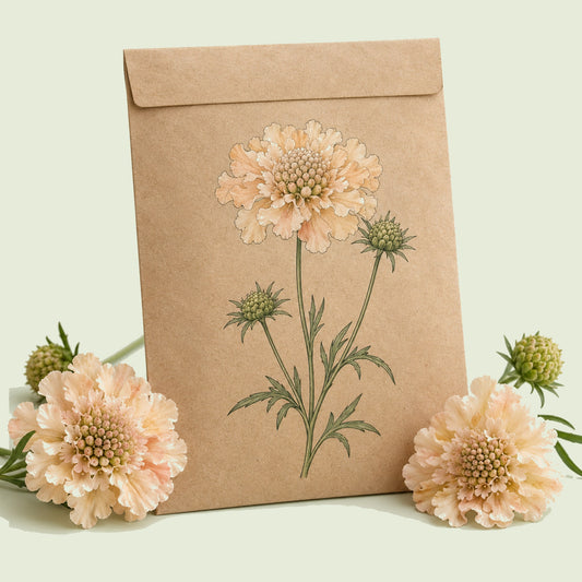 Kraft seed packet illustrated with Fata Morgana Scabiosa, with fresh Fata Morgana Scabiosa beside it