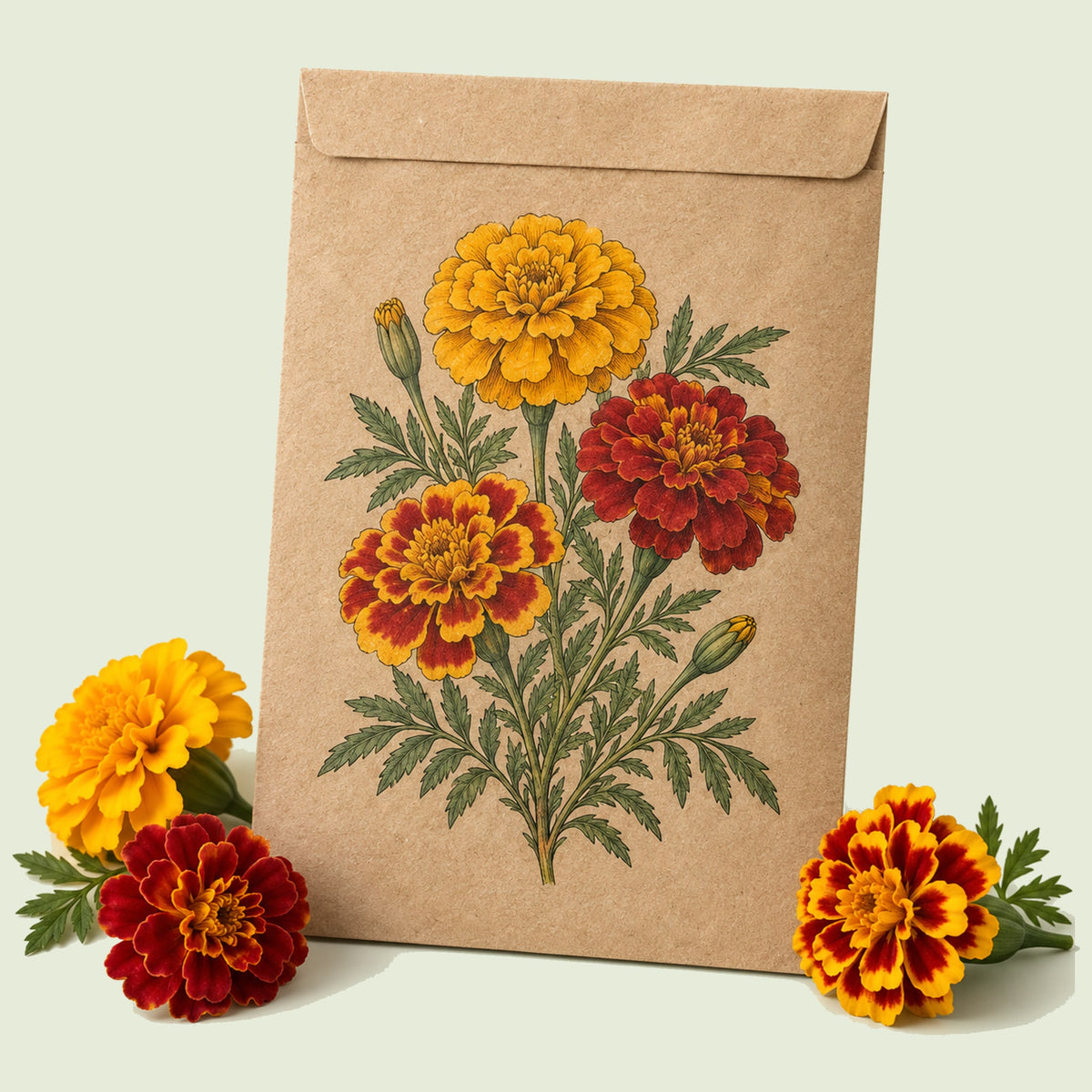 Kraft seed packet illustrated with Favourite Blend French Marigold, with fresh Favourite Blend French Marigold beside it