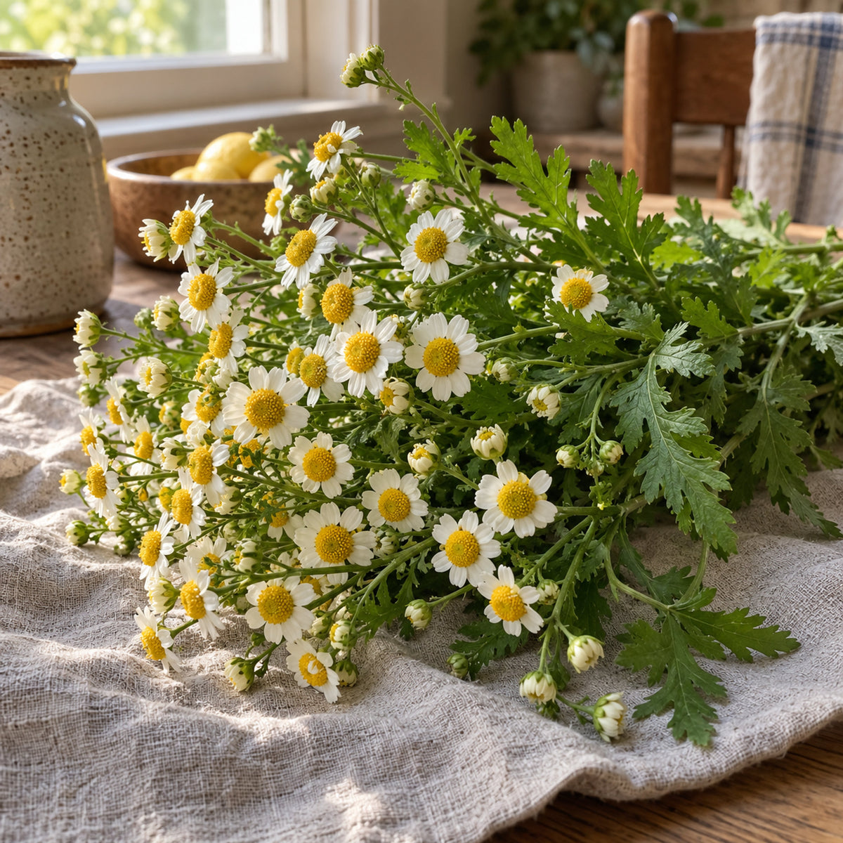 Feverfew White Flower Seeds harvest up close