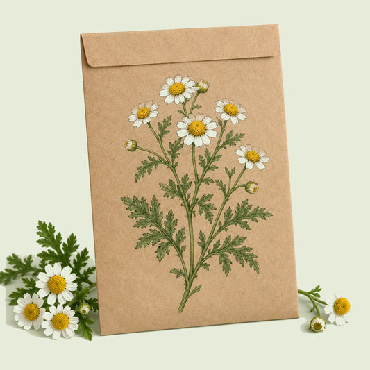 Kraft seed packet illustrated with Feverfew White Flower, with fresh Feverfew White Flower beside it