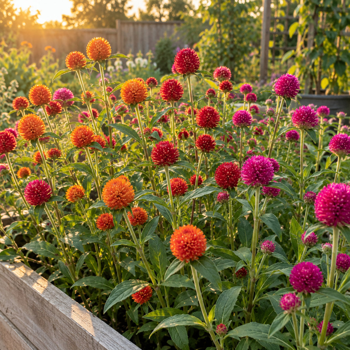 Fiery Sunrise Gomphrena Blend Seeds growing in a home garden