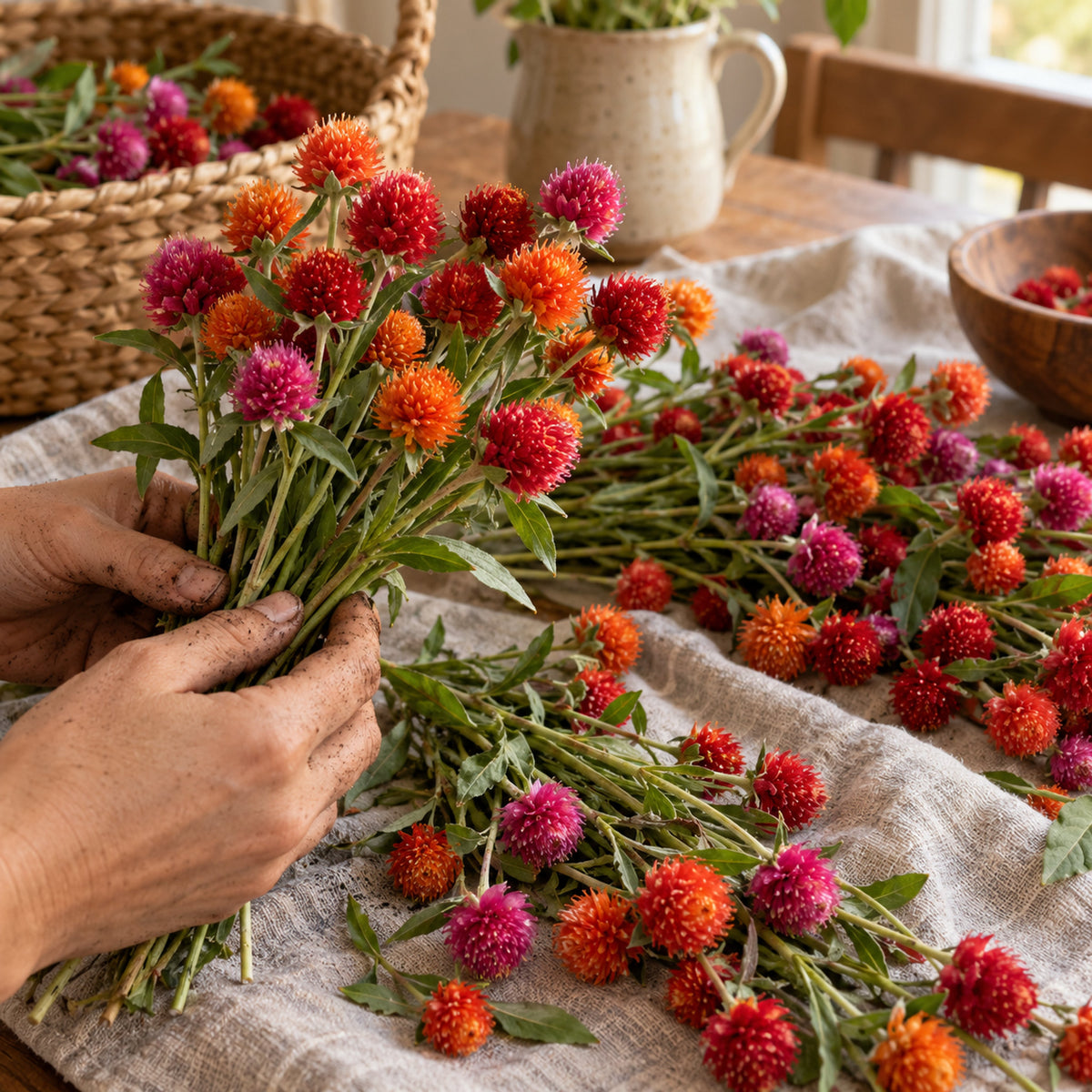 Fiery Sunrise Gomphrena Blend Seeds harvest up close