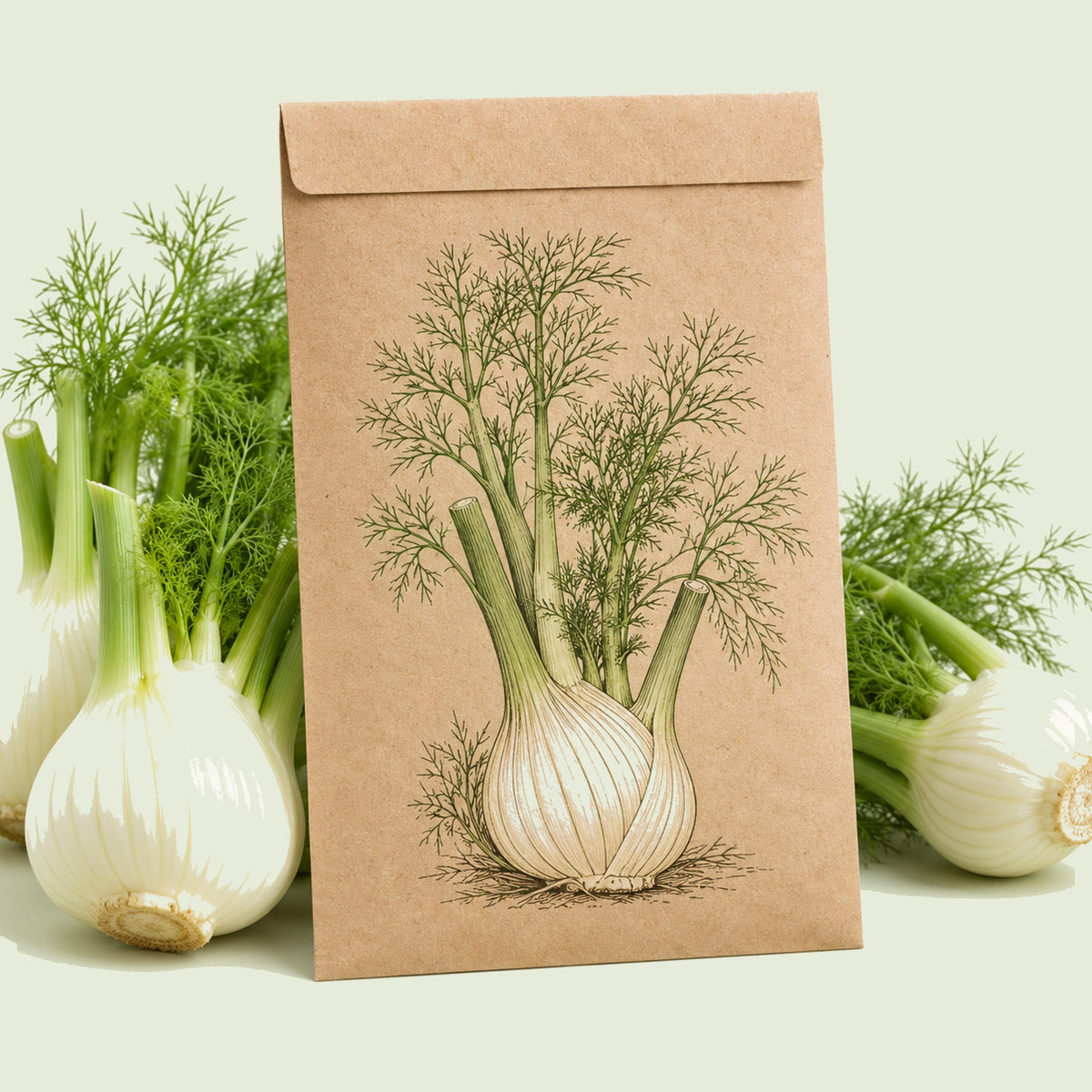 Kraft seed packet illustrated with Finocchio Fennel, with fresh Finocchio Fennel beside it