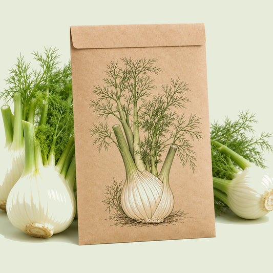 Kraft seed packet illustrated with Finocchio Fennel, with fresh Finocchio Fennel beside it