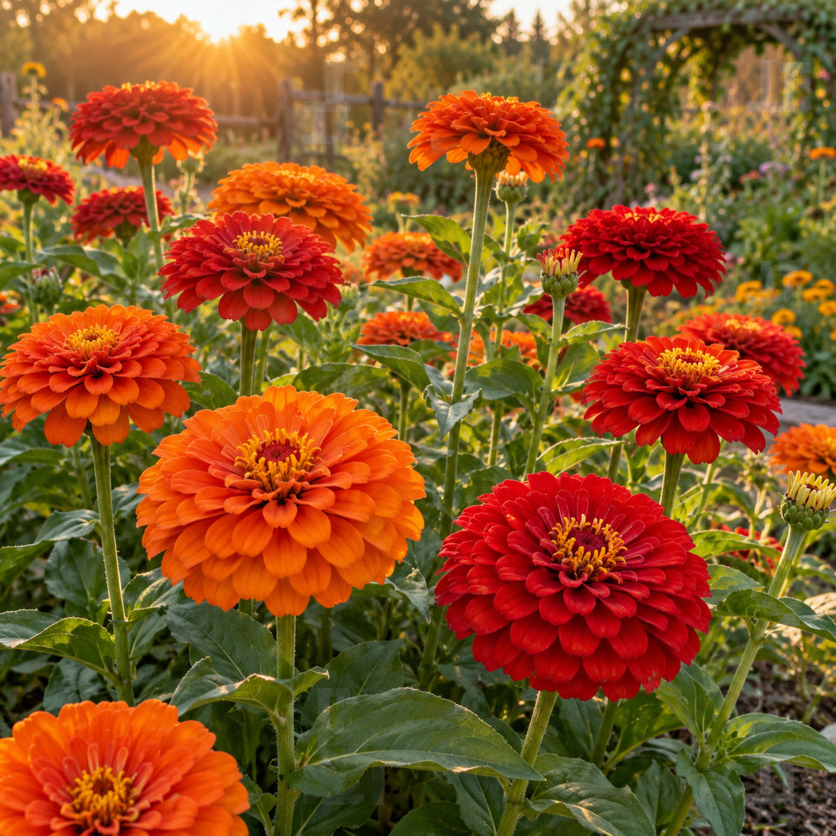 Fireball Blend Zinnia Seeds growing in a home garden