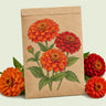 Kraft seed packet illustrated with Fireball Blend Zinnia, with fresh Fireball Blend Zinnia beside it