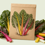 Kraft seed packet illustrated with Five Color Silverbeet Swiss Chard, with fresh Five Color Silverbeet Swiss Chard beside it