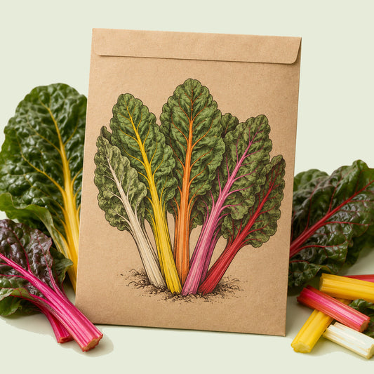 Kraft seed packet illustrated with Five Color Silverbeet Swiss Chard, with fresh Five Color Silverbeet Swiss Chard beside it