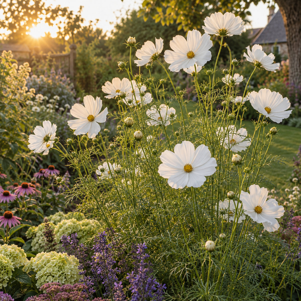 Fizzy White Cosmos Seeds growing in a home garden