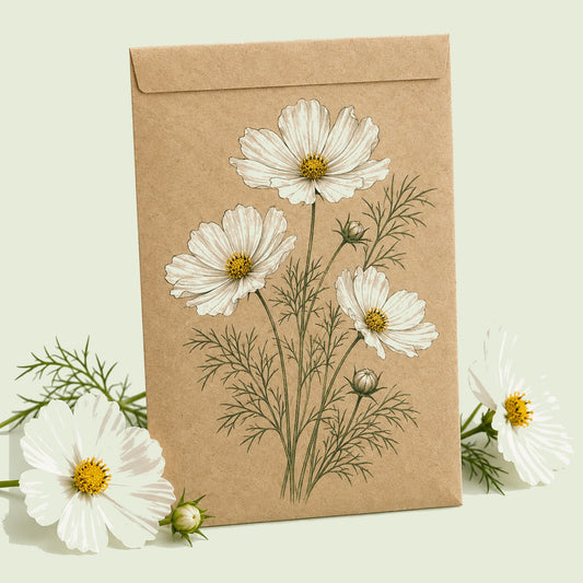 Kraft seed packet illustrated with Fizzy White Cosmos, with fresh Fizzy White Cosmos beside it