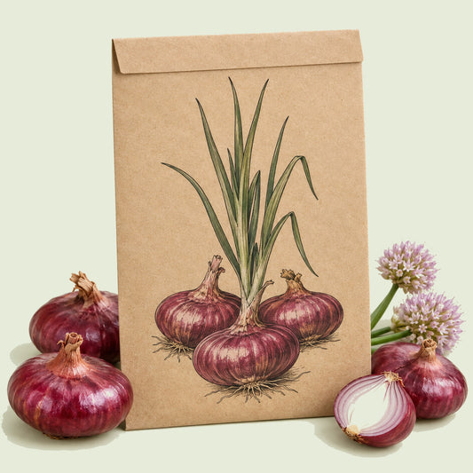 Kraft seed packet illustrated with Flat of Italy Bulb Cipollini Onion, with fresh Flat of Italy Bulb Cipollini Onion beside it