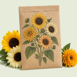 Kraft seed packet illustrated with Florist's Sunny Bouquet Sunflower, with fresh Florist's Sunny Bouquet Sunflower beside it