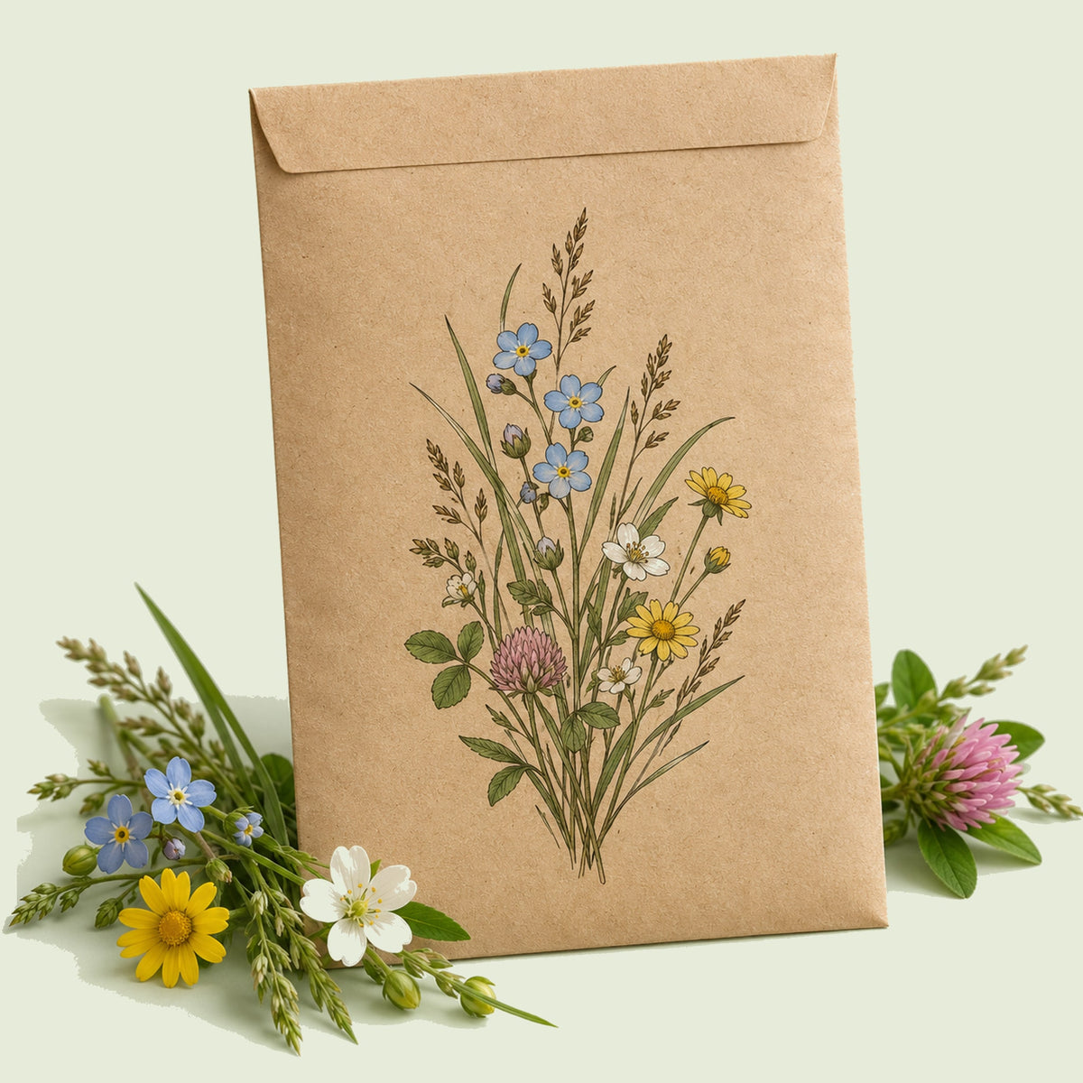 Kraft seed packet illustrated with Flowering Lawn Mix Seed Shaker, with fresh Flowering Lawn Mix Seed Shaker beside it