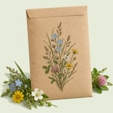 Kraft seed packet illustrated with Flowering Lawn Mix Seed Shaker, with fresh Flowering Lawn Mix Seed Shaker beside it