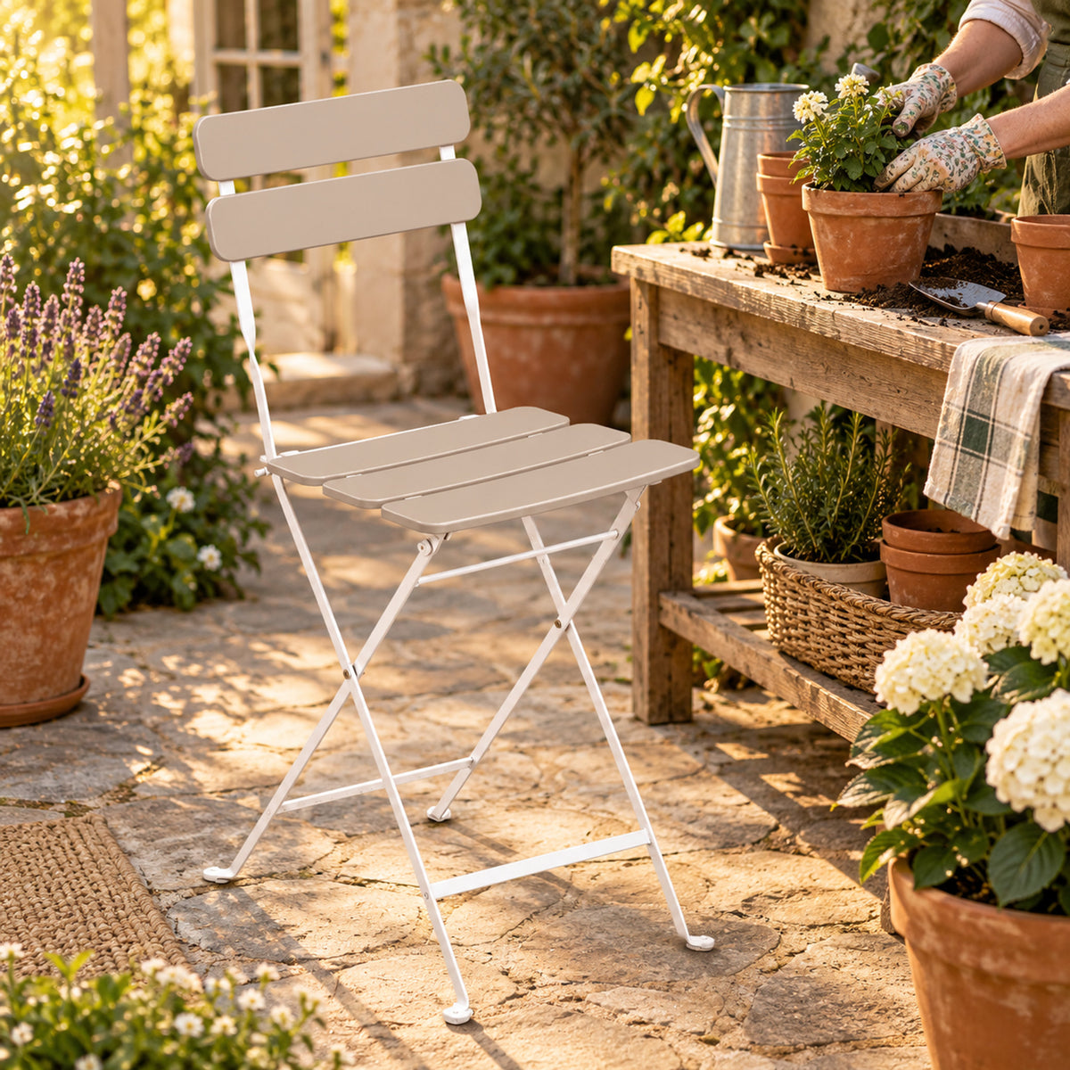 Folding Patio Stool in use in a home garden