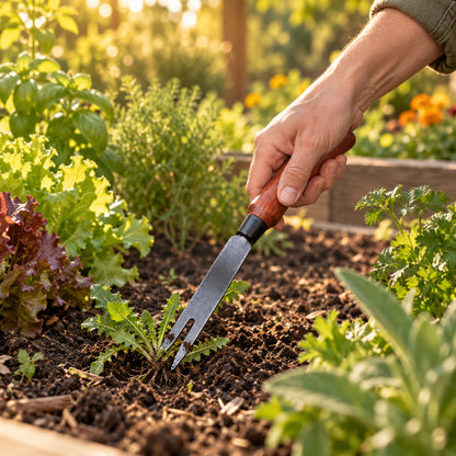 Fork-Tip Garden Weeder in use in a home garden