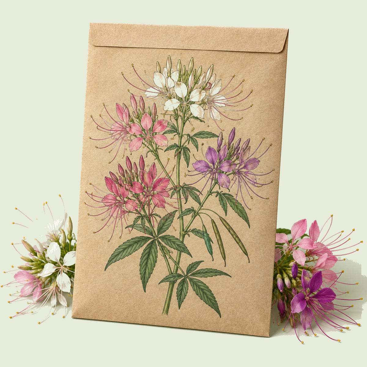 Kraft seed packet illustrated with Fountain Blend Cleome (Spider Flower), with fresh Fountain Blend Cleome (Spider Flower) beside it