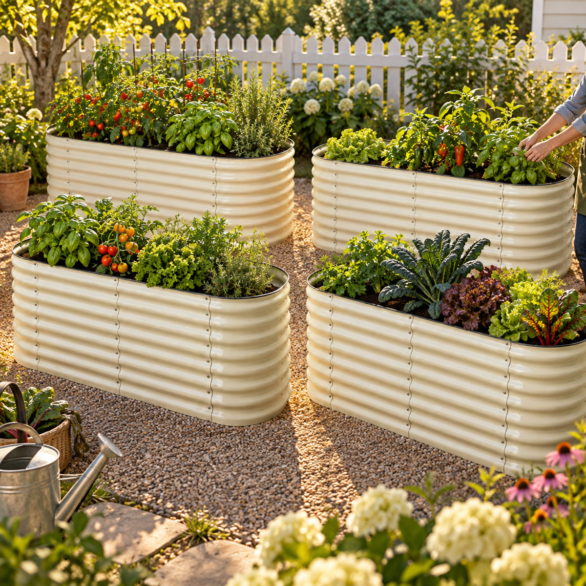 Four 32-Inch Modular Metal Raised Beds in use in a home garden