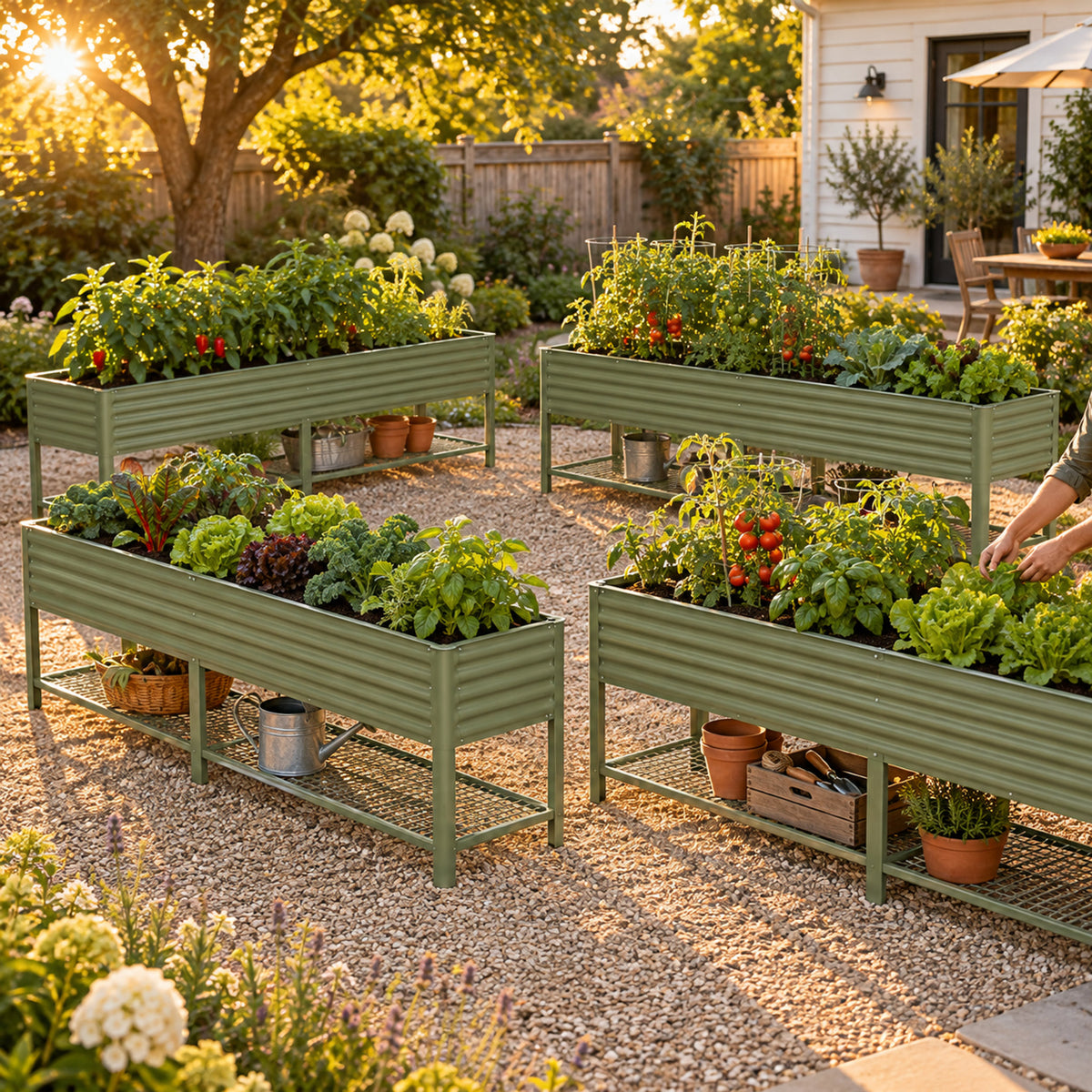 Four-Pack of Elevated Garden Beds, 2.5 x 10 Feet in use in a home garden