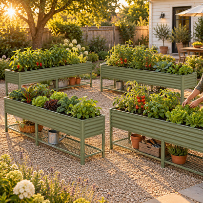 Four-Pack of Elevated Garden Beds, 2.5 x 10 Feet in use in a home garden
