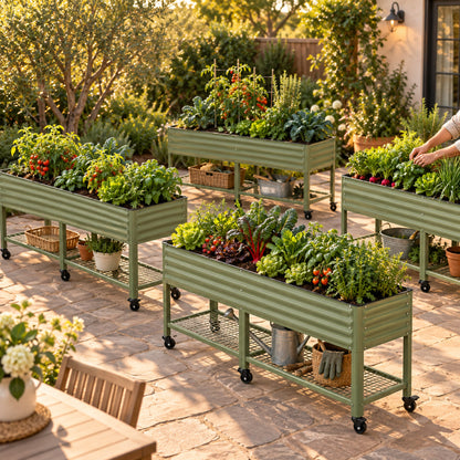 Four-Pack of Elevated Garden Beds, 2.5 x 10 Feet, with Wheels in use in a home garden