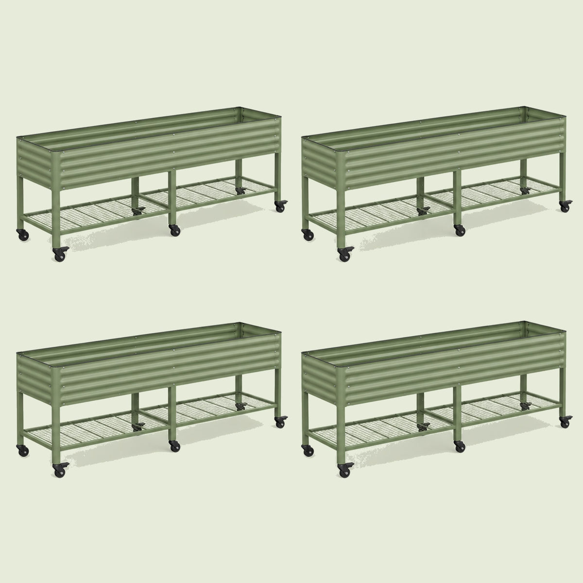 Four-Pack of Elevated Garden Beds, 2.5 x 10 Feet, with Wheels on a soft green background