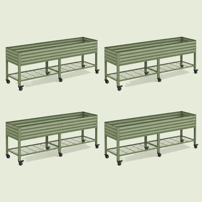 Four-Pack of Elevated Garden Beds, 2.5 x 10 Feet, with Wheels on a soft green background