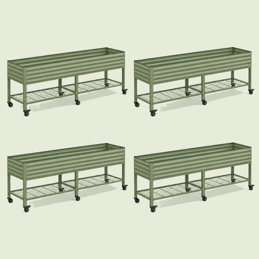 Four-Pack of Elevated Garden Beds, 2.5 x 10 Feet, with Wheels on a soft green background