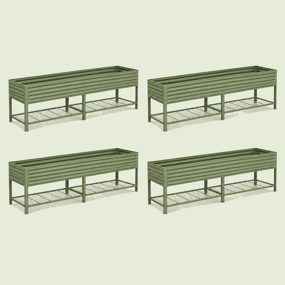 Four-Pack of Elevated Garden Beds, 2.5 x 10 Feet on a soft green background