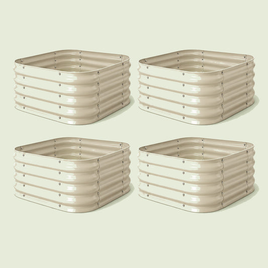 Four-Pack of Small Modular Metal Raised Beds, 14 Inches Tall on a soft green background