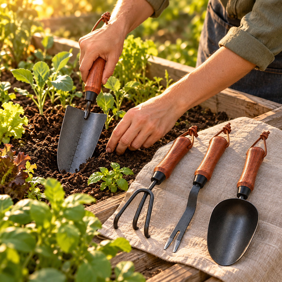 Four-Piece Garden Hand Tool Set in use in a home garden