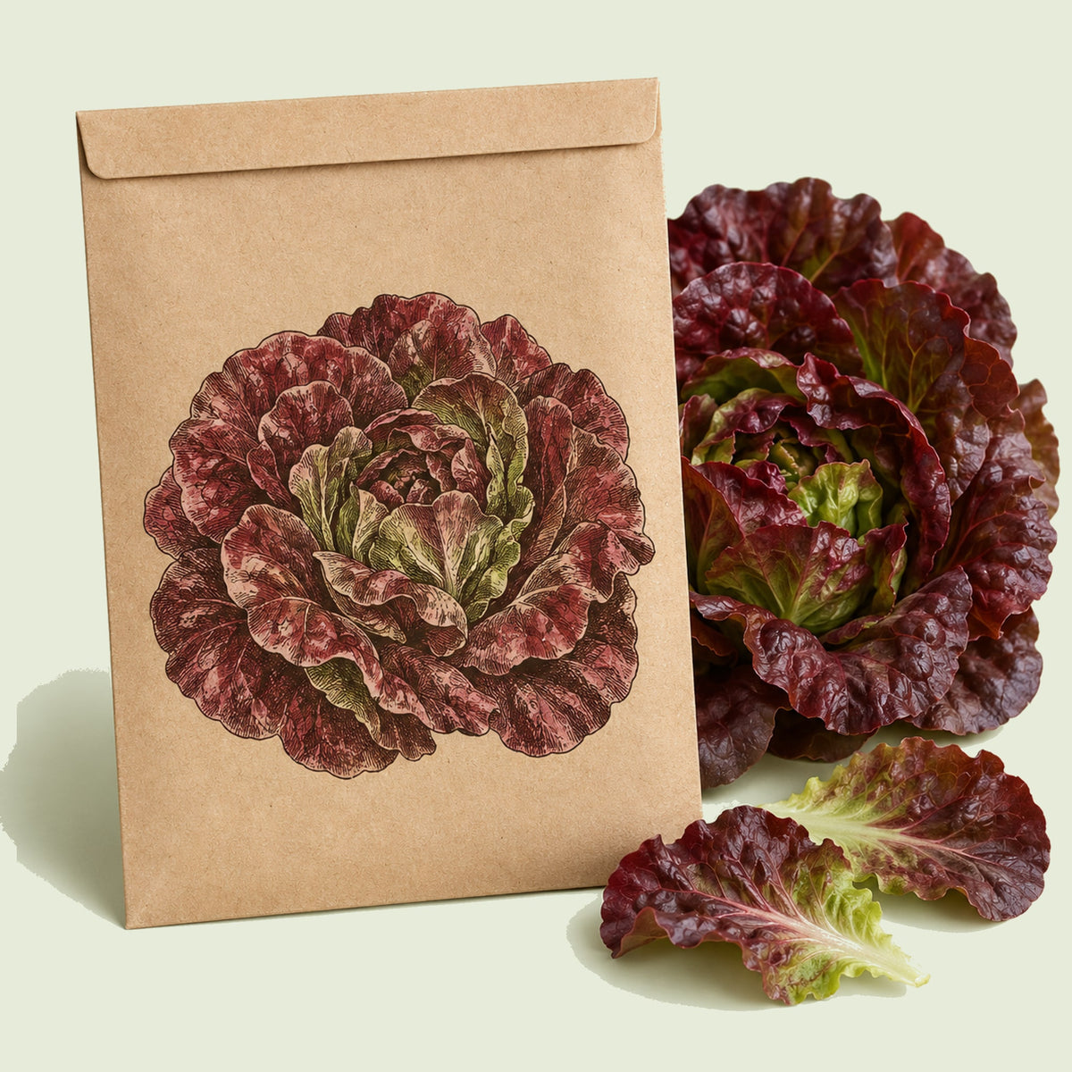 Kraft seed packet illustrated with Four Seasons Butterhead Lettuce, with fresh Four Seasons Butterhead Lettuce beside it