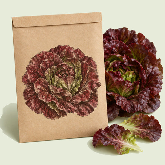 Kraft seed packet illustrated with Four Seasons Butterhead Lettuce, with fresh Four Seasons Butterhead Lettuce beside it