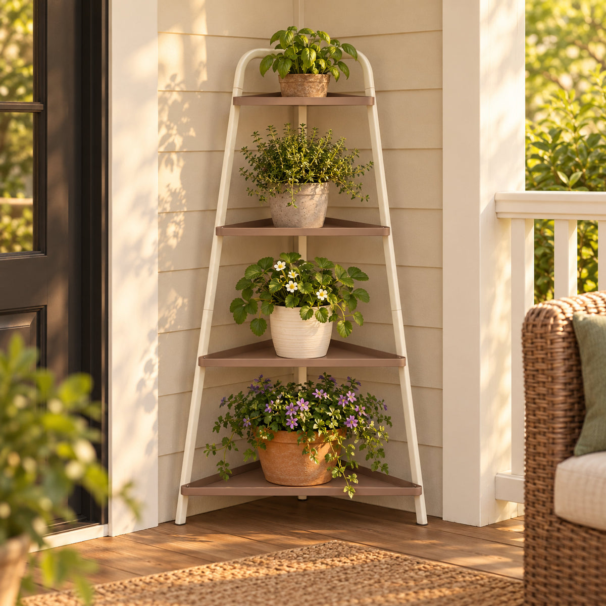 Four-Tier Corner Plant Stand in use in a home garden