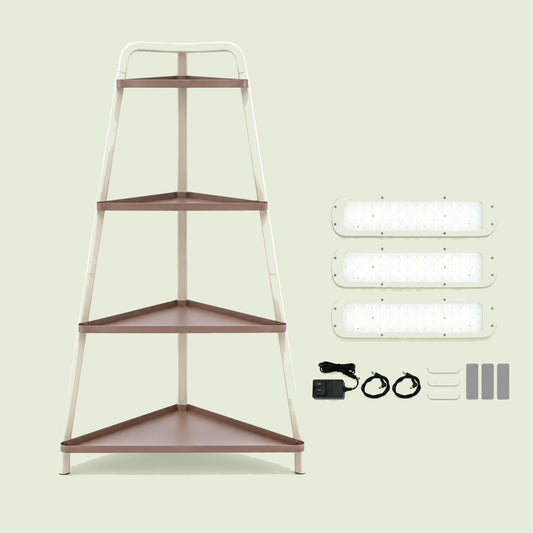 Four-Tier Corner Plant Stand with Three Grow Lights on a soft green background