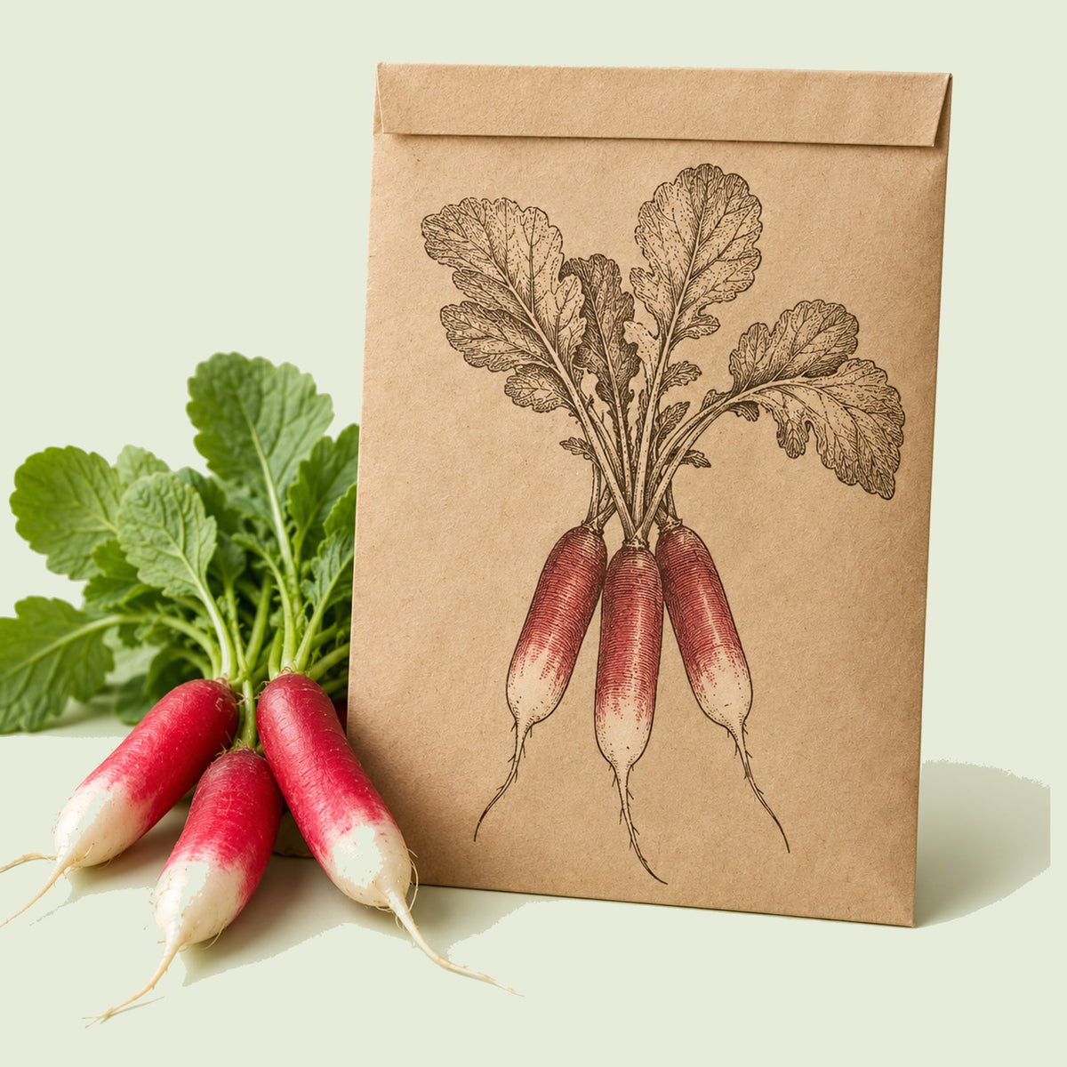 Kraft seed packet illustrated with French Breakfast Radish, with fresh French Breakfast Radish beside it